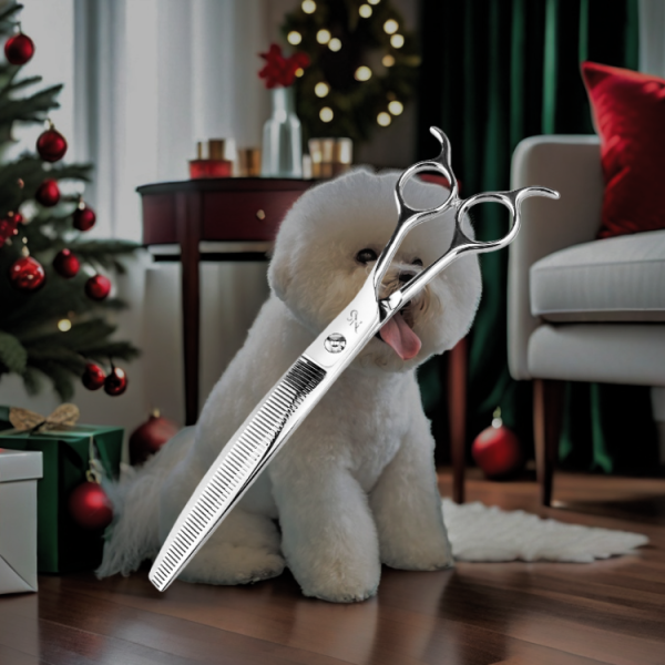 Fluffy white dog being groomed with stainless steel thinning shears