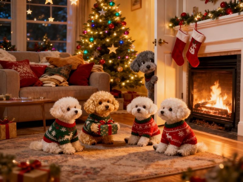 Several cute dogs enjoying Christmas together, all with beautifully groomed coats that highlight their festive look.
