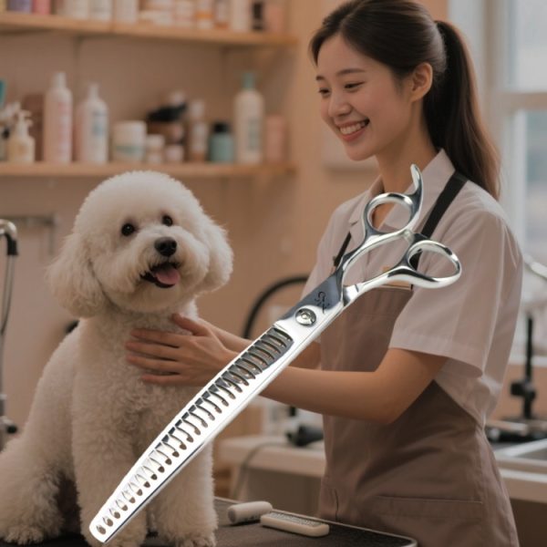 Groomer shaping the dog’s face and cheeks with curved chunking scissors.
