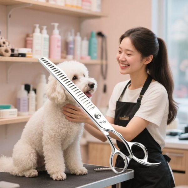 Groomer showing 8-inch curved chunker scissors in a pet salon.
