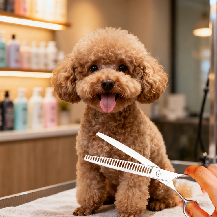 Professional dog groomer trimming a poodle with 8-inch curved chunker scissors.