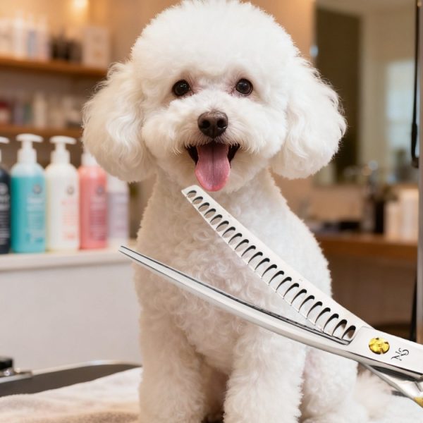 Close-up of precise cutting with curved chunker scissors on a fluffy dog’s coat