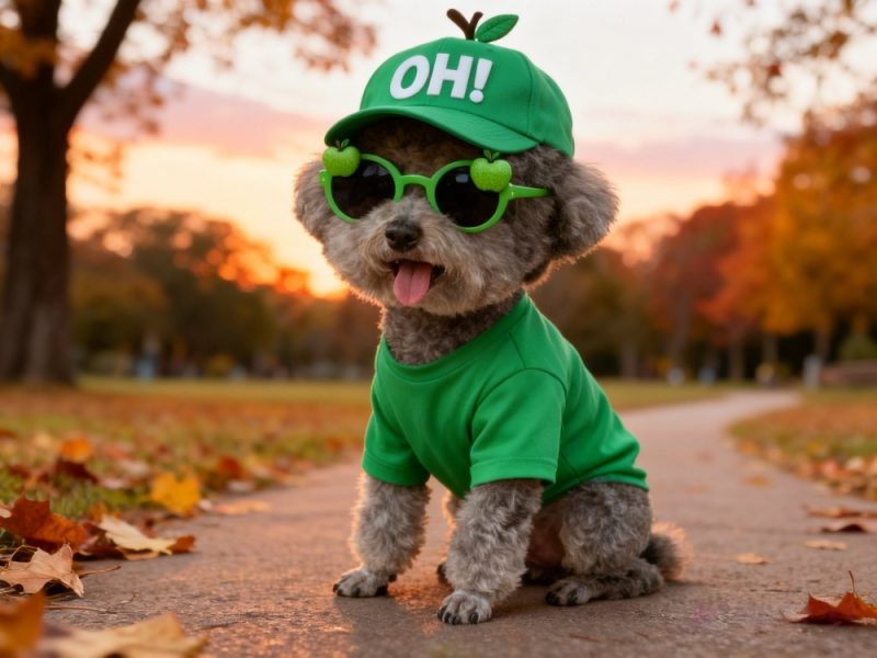 A small dog walking in an autumn park with a tidy grooming style and shiny fur