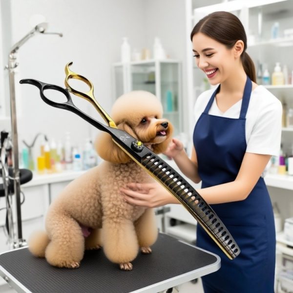 Before and after dog grooming transformation using curved chunker scissors.