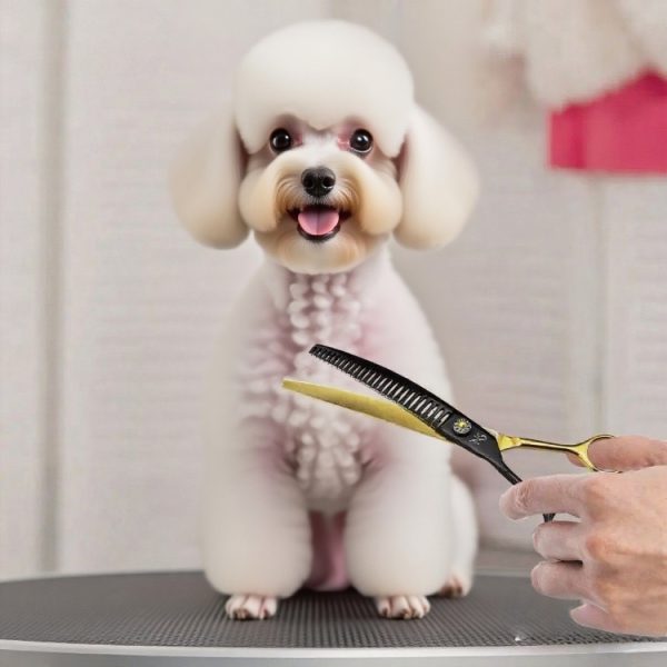 Happy groomed dog posing after haircut with curved chunker scissors.