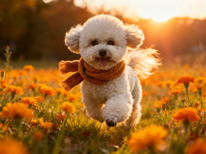 A happy small dog running on green grass after grooming, showing off its clean and healthy coat.