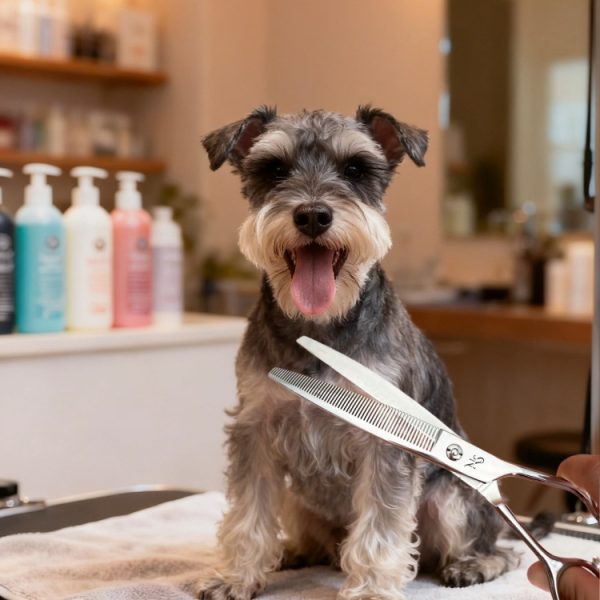 Professional dog grooming tools on the table, including curved chunker scissors.