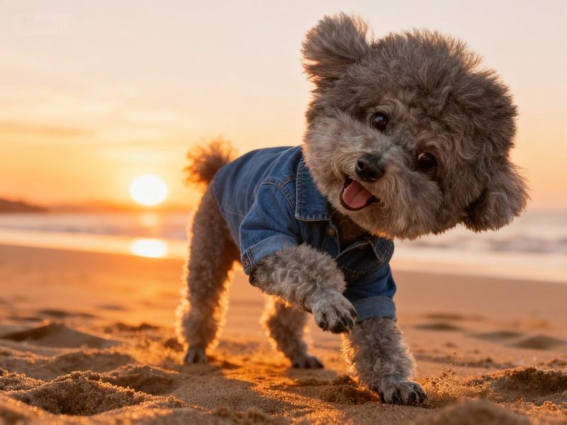 A playful dog on the beach enjoying summer, its coat well-trimmed and easy to care for after grooming.