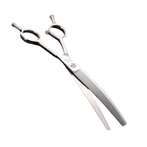 Close-up of curved thinning shears blades with evenly spaced teeth