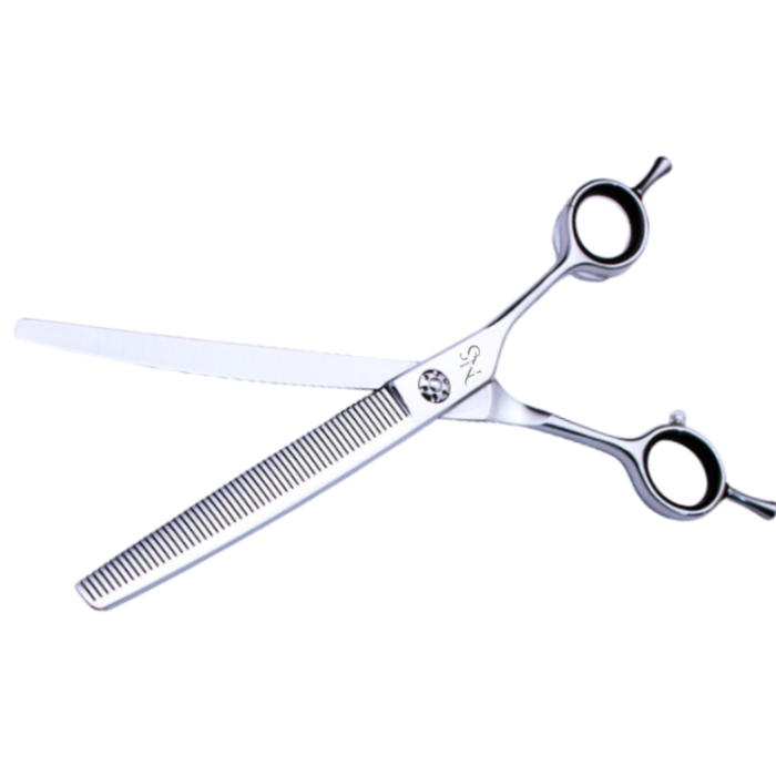 Pet grooming thinning scissors with ergonomic handle