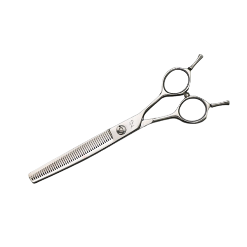Close-up of thinning teeth on curved dog grooming shears
