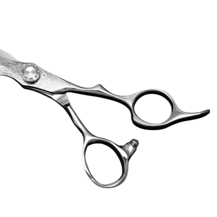 Close-up of convex edge blades on Damascus steel hair scissors – ultra sharp design