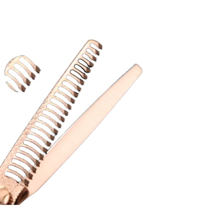 Close-up view of thinning teeth on hair scissors for precise cutting