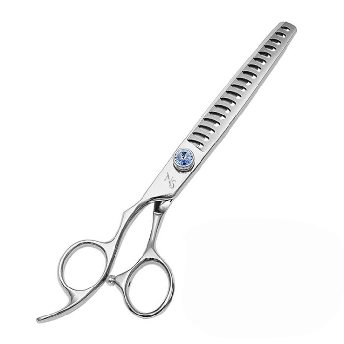 Close-up view of stainless steel blades on 7 inch left handed grooming scissors